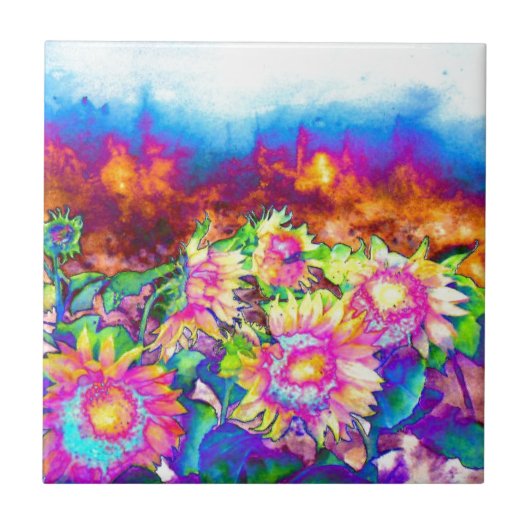 Elegante retro kleurrijke abstracte Zonnebloemveld Tegeltje (Voorkant)