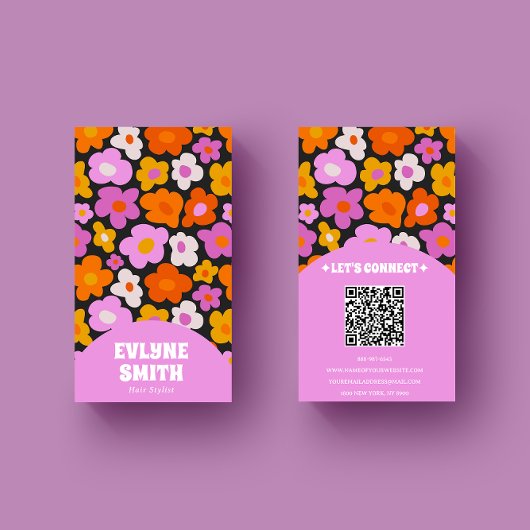 Elegante Retro Roze Kleurrijke QR Code Groovy Flor Visitekaartje