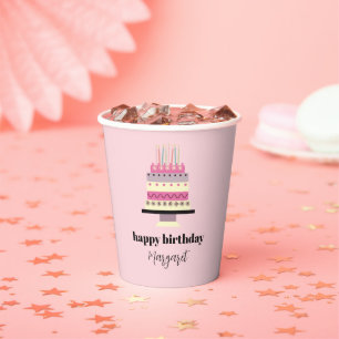 Elegante retro roze meisjesverjaardagstaart papieren bekers