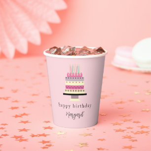 Elegante retro roze meisjesverjaardagstaart papieren bekers