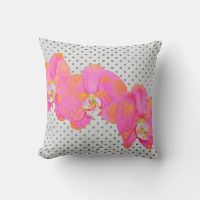 Elegante retro roze waterverf orchideeën polka dot kussen (Voorkant)