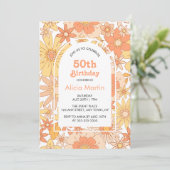 Elegante Retro Sinaasappel Perzik Flora 50e Verjaa Kaart (Staand voorkant)