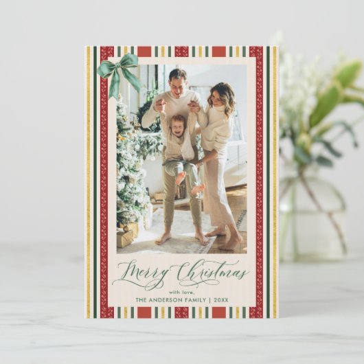 Elegante Retro Stripes Bow Vrolijke Kerstmis 1 Fot Feestdagenkaart (Staand voorkant)