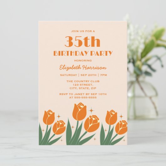 Elegante Retro Tulip Bloemen Sinaasappel Verjaarda Kaart (Staand voorkant)