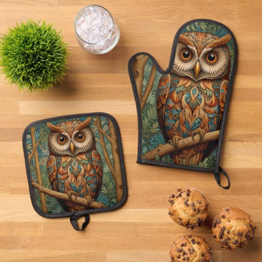 Elegante retro uil boho bohemian bos groen ovenwant & pannenlap set (Top down)