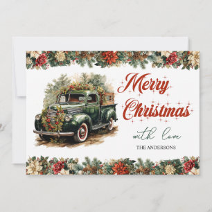 Elegante Retro vintage Kerstmis groene vrachtwagen Feestdagenkaart