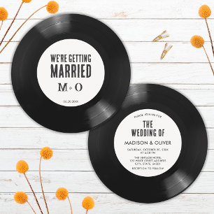 Elegante Retro Zwart-Wit Vinyl Record Bruiloft Kaart