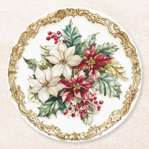 Elegante Rococo Bloemige Poinsettia Vakantie Eetta Ronde Kartonnen Onderzetter