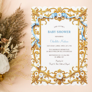 Elegante Rococo Blue Gold Floral Boy Baby shower Kaart