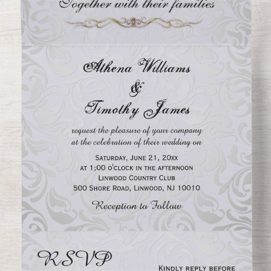 Elegante Rococo Era Zilveren bruiloft Uitnodigen All In One Uitnodiging (Binnenkant midden)