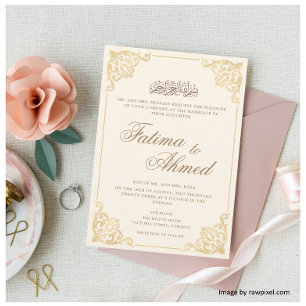 Elegante Rococo Lijst Beige Crème Moslim Bruiloft Kaart