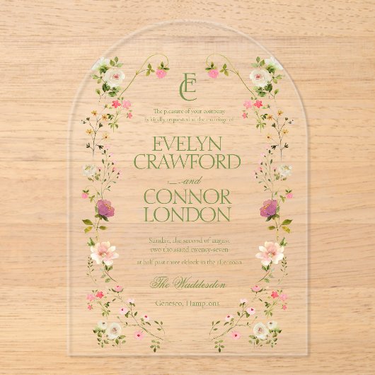 Elegante Rococo Monogram Bloemen Huwelijk Acryl Uitnodigingen (Voorkant)