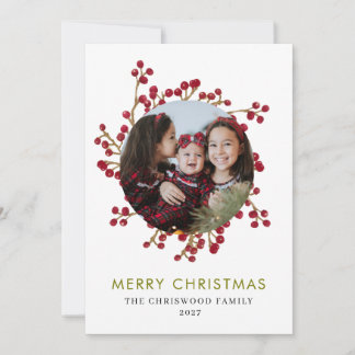 Elegante Rode Bessen Krans Familie Foto Kerstmis Feestdagenkaart