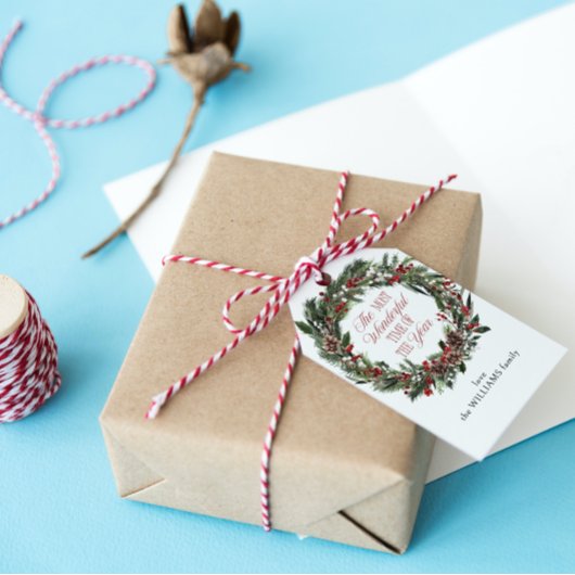 Elegante rode bessen Waterverf krans kerst Cadeaulabel