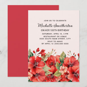 Elegante rode bloemen op roze 100ste verjaardag kaart