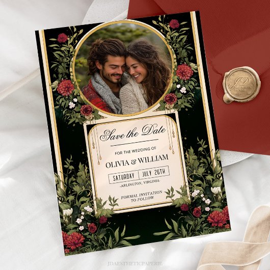 Elegante Rode Bloemen Zwart en Goud Bewaar de Datu Kaart