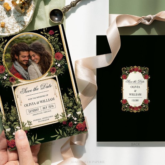 Elegante Rode Bloemen Zwart en Goud Bewaar de Datu Kaart