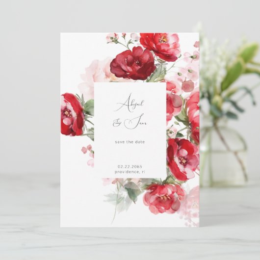 Elegante rode bloemenbruiloft bewaar de datum save the date (Staand voorkant)