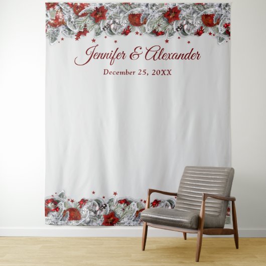 Elegante Rode Bloemige Trouwfotobooth Achtergrond Wandkleed (In situ)