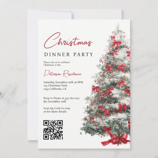 Elegante Rode Bogen Kerstboom QR Code Party Kaart (Voorkant)