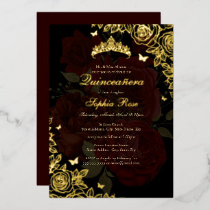 Elegante Rode Bourgogne Gouden Roos Quinceanera Folie Uitnodiging