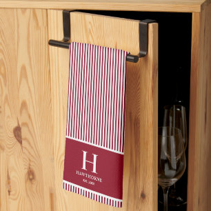 Elegante rode Bourgogne streep monogram naam Theedoek