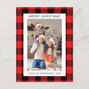 Elegante Rode Buffalo Plaid Kerstmis Familie 1 Fot Feestdagenkaart