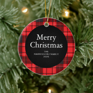 Elegante Rode Buffalo Plaid Kerstmis Familie 1 Fot Keramisch Ornament