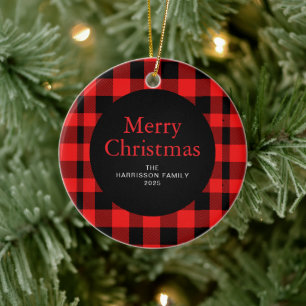 Elegante Rode Buffalo Plaid Kerstmis Familie 1 Fot Keramisch Ornament