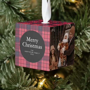 Elegante Rode Buffalo Plaid Kerstmis Familie 3 Fot Kubus Ornament