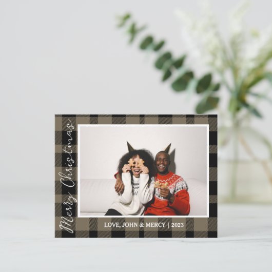 Elegante rode buffel geruite kerst paar foto feestdagenkaart (Staand voorkant)