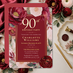 Elegante Rode Camellia Bloem 90e Verjaardag Goud Folie Uitnodiging