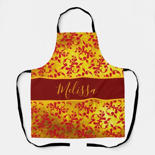 Elegante rode damast en gouden textuur schort (Voorkant)