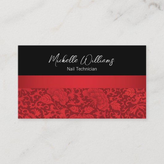 Elegante rode damast nageltechnicus visitekaartje (Voorkant)