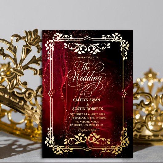 Elegante rode en gouden bruiloft folie uitnodiging