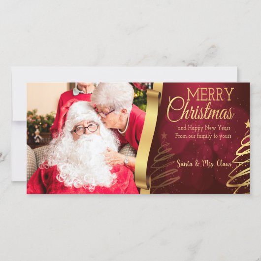 Elegante rode en gouden vrolijke kerstfotokaart feestdagenkaart (Voorkant)