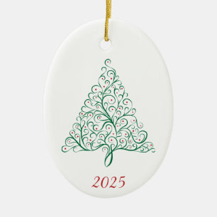 Elegante rode en groene kalligrafie kerstboom keramisch ornament