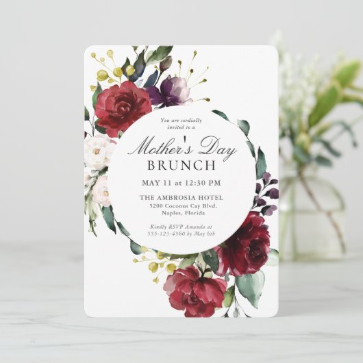 Elegante rode en paarse bloemrijke Moederdag Brunc Kaart (Staand voorkant)