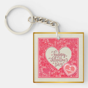Elegante Rode en Roze Bloemhartens Valentijnsdag Sleutelhanger