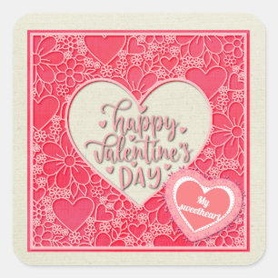 Elegante Rode en Roze Bloemhartenvormige Valentijn Vierkante Sticker