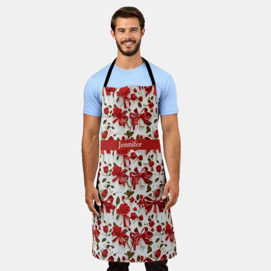 Elegante, rode en roze bogen en rozen monogram schort (Gedragen)