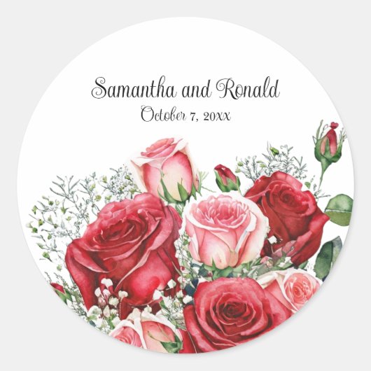 Elegante rode en roze rozen bruiloft ronde sticker (Voorkant)