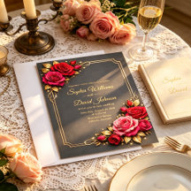 Elegante rode en roze rozen trouwuitnodiging achte