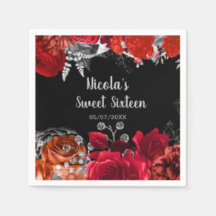 Elegante rode en zilveren bloemen Sweet Sixteen Servet