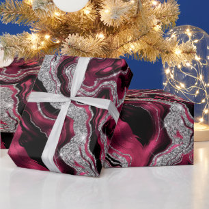 Elegante rode en zilveren glitters agaat verjaarda cadeaupapier