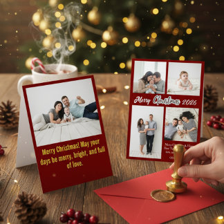 Elegante Rode Familiefotocollage Kerstvakantie Feestdagenkaart