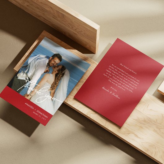 Elegante rode foto bruiloft dank u kaart