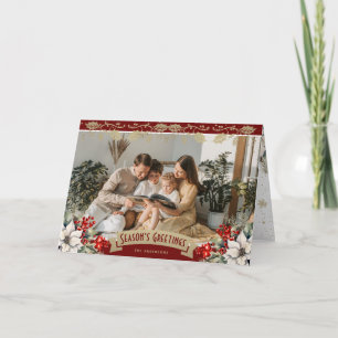 Elegante rode foto kerstster met rode bessen en hu kaart