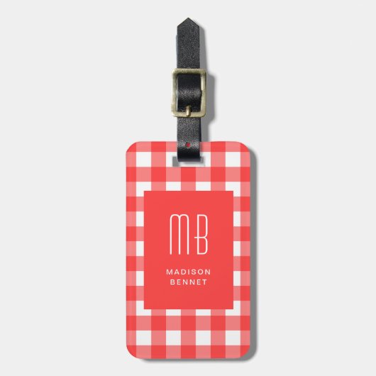Elegante Rode Gingham Monogram Bagagelabel (Voorkant verticaal)