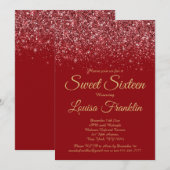 Elegante rode glitter & goud Sweet 16 uitnodiginge Kaart (Voorkant / Achterkant)